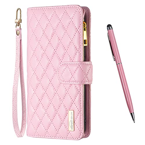 Toucasa Kompatibel mit Samsung Galaxy A51 4G Hülle, Vintage Reißverschluss Handyhülle Leder mit 9 Kartenfächer Standfunktion Geldbörse Trageband Schutzhülle Flip Wallet Case Stoßfeste (Rosa) von Toucasa