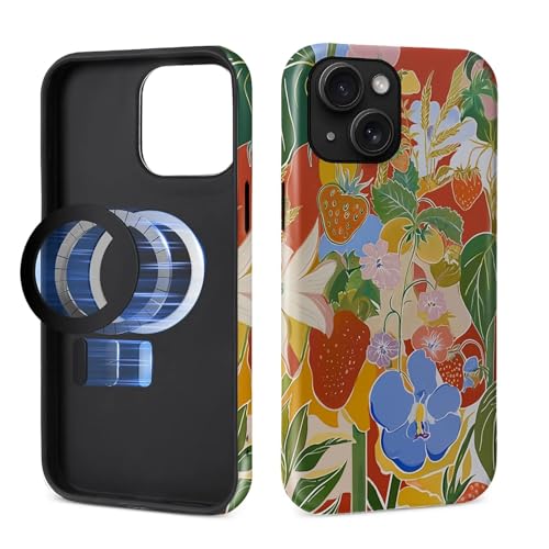 Toulas Schutzhülle für iPhone 15, [kompatibel mit MagSafe], 2-lagiger Schutz, matte Oberfläche, Premium-Haptik, stoßfestes und fingerabdruckresistentes Design, Aquarell-Erdbeerblumen von Toulas