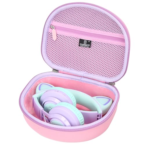 Tourmate Hartschalen-Reiseetui für Riwbox CT-7 CT-7S / iClever HS01 / FosPower Katzenohren, LED-Licht, kabellose Kinder-Kopfhörer, schützende Tragetasche, Violett und Rosa von Tourmate