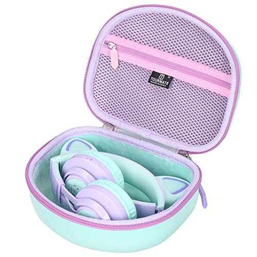Tourmate Hartschalen-Reiseetui für Riwbox CT-7 CT-7S / iClever HS01 / FosPower Katzenohren, LED-Licht, kabellose Kinder-Kopfhörer, schützende Aufbewahrungstasche (nur Schutzhülle) Violett und Grün von Tourmate