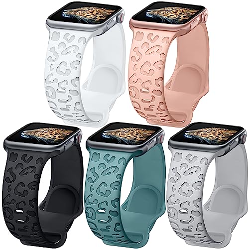 Towsnails 5 Stück kompatibel mit Apple Watch Armband Serie 38mm 40mm 41mm 42mm 44mm 45mm 49mm, Weiches Silikonband Leopard Print Ersatzarmbänder für iWatch Serie 9/8/7/6/5/4/3/2/1/SE/Serie 2 von Towsnails