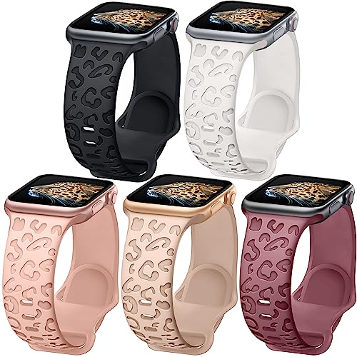 Towsnails 5 Stück kompatibel mit Apple Watch Armband Serie 38mm 40mm 41mm 42mm 44mm 45mm 49mm, Weiches Silikonband Leopard Print Ersatzarmbänder für iWatch Serie 9/8/7/6/5/4/3/2/1/SE/Serie 2 von Towsnails