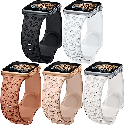 Towsnails 5 Stück kompatibel mit Apple Watch Armband Serie 38mm 40mm 41mm 42mm 44mm 45mm 49mm, Weiches Silikonband Leopard Print Ersatzarmbänder für iWatch Serie 9/8/7/6/5/4/3/2/1/SE/Serie 2 von Towsnails