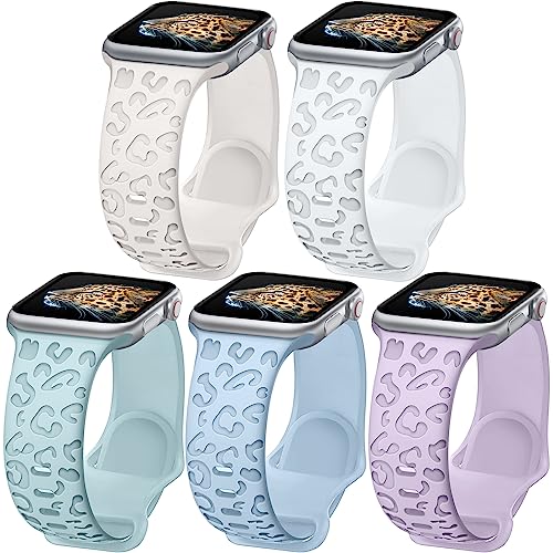 Towsnails 5 Stück kompatibel mit Apple Watch Armband Serie 38mm 40mm 41mm 42mm 44mm 45mm 49mm, Weiches Silikonband Leopard Print Ersatzarmbänder für iWatch Serie 9/8/7/6/5/4/3/2/1/SE/Serie 2 von Towsnails