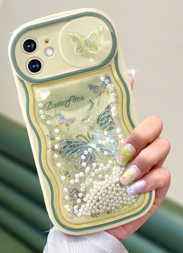 Toycamp Schutzhülle für iPhone 12, 15,4 cm (6,1 Zoll), niedlicher Glitzer-Schmetterling mit verschiebbarer Kamera-Abdeckung, einzigartiges Kawaii-Design, fließender flüssiger Treibsand, Handyhülle für von Toycamp