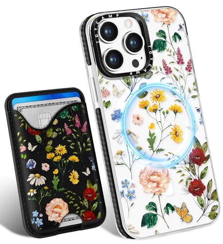 Toycamp Schutzhülle für iPhone 13 Pro – kompatibel mit Magsafe Kreditkartenhalter, Brieftasche, magnetisch, niedlich, für Damen, Teenager, Mädchen, Kawaii, Mädchen, einzigartiges Blumendesign von Toycamp