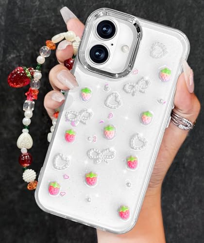 Toycamp Schutzhülle für iPhone 16, niedlich, transparent, glitzernd, Kawaii-3D-Erdbeer-Design mit Charm, Erdbeeren, Handgelenkkette, ästhetisch, hübsch, einzigartige Hüllen für iPhone 16, 15,5 cm (6,1 Toycamp Schutzhülle für iPhone 16, niedlich, transparent, glitzernd, Kawaii-3D-Erdbeer-Design mit Charm, Erdbeeren, Handgelenkkette, ästhetisch, hübsch, einzigartige Hüllen für iPhone 16, 15,5 cm (6,1 von Toycamp