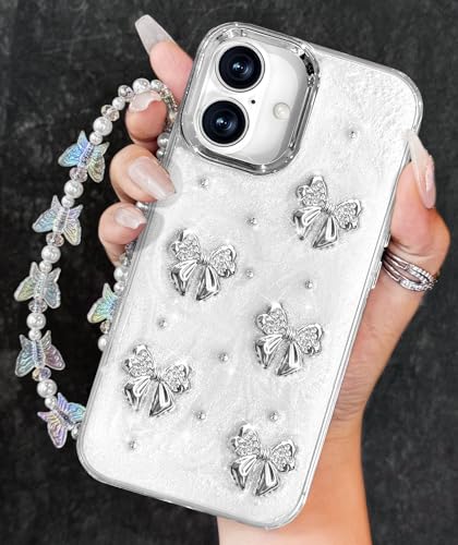 Toycamp Schutzhülle für iPhone 16 (6,1 Zoll) für iPhone 16 (6,1 Zoll), niedliches Kawaii-Schleifen-Design mit Charm, Schmetterling, Handgelenkkette, ästhetisch, schön, einzigartig, modisch von Toycamp