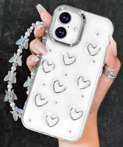 Toycamp Schutzhülle für iPhone 16 (6,1 Zoll) für iPhone 16 (6,1 Zoll) – niedliches, klares, glitzerndes Kawaii-Herz-Design mit Charm, Schmetterling, Handgelenkkette, ästhetisch, hübsch, einzigartig von Toycamp
