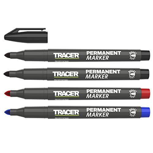 Tracer Fine-Point Permanent Construction Marker Kit (1-2mm Bullet Point General-Purpose Markers with quick-drying ink) – Red, Blue, 2x Black von Tracer