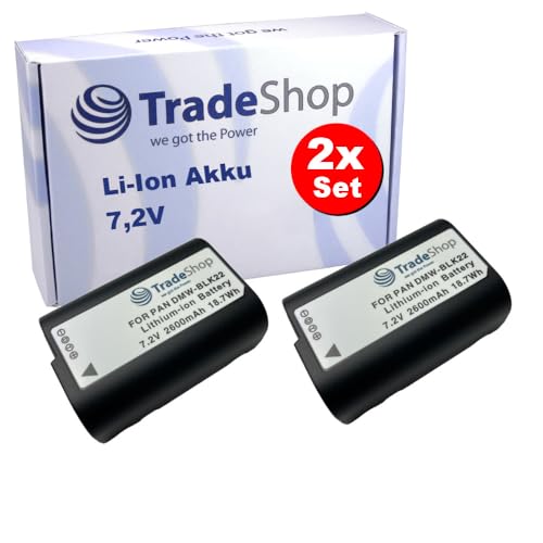 2X Trade-Shop Li-Ion Akku 7,2V / 2600mAh kompatibel mit Panasonic Lumix Vollformatkamera wie DC-S5, Ersatz für Panasonic DMW-BLK22, DMW-BLK22E von Trade-Shop
