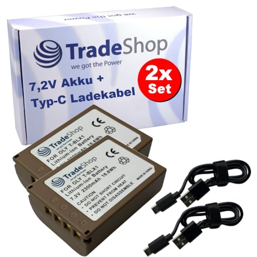 2X Trade-Shop Li-Ion Kamera-Akku 7,2V / 2300mAh inkl. USB-C Ladekabel kompatibel mit Olympus OM System OM-1, OM-1 Mirrorless Digitalkamera ersetzt BLX-1 von Trade-Shop