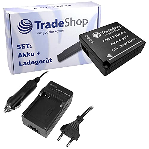 2in1 Set: Trade-Shop Kamera Li-Ion Akku 750mAh + Ladegerät mit KFZ Adapter kompatibel mit Panasonic Lumix DMC-GX80H DMC-TZ202 DMC-TZ90 DMC-TZ91 DMC-TZ96 von Trade-Shop