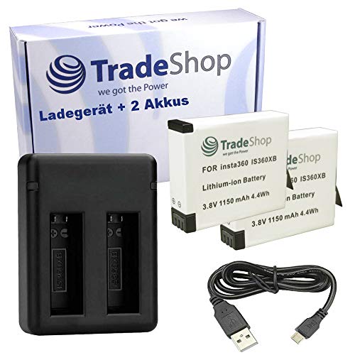 3in1 Set: 2X Hochleistungs Li-Ion Akku IS360XB + Dual Ladegerät Ladestation inklusive Micro-USB Kabel für Insta360 ONE X Kamera von Trade-Shop