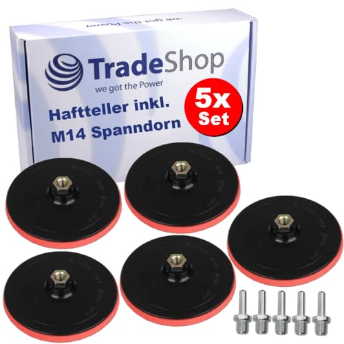 5x Trade-Shop Klett Haftteller/Schleifteller/Stützteller/Polierteller 100 mm Durchmesser inkl. M14 Spanndorn für Schleifmaschinen Bohrmaschinen Akkuschrauber von Trade-Shop