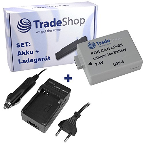 Trade-Shop 2in1 Set: Li-Ion Akku 1200mAh + Akku Ladegerät mit KFZ Adapter kompatibel mit Canon LP-E5 LPE5 LPE-5 LP-E-5 von Trade-Shop