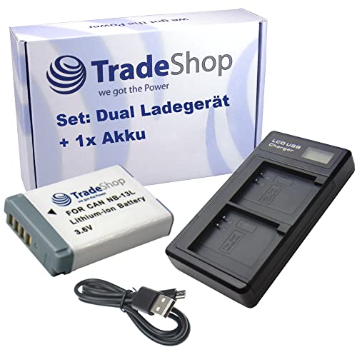 Trade-Shop 2in1 Set: Li-Ion Akku 1250mAh + Dual LCD Ladegerät inkl. Micro-USB-Kabel kompatibel mit Canon NB-13L / Digitalkamera Digicam Videokamera von Trade-Shop