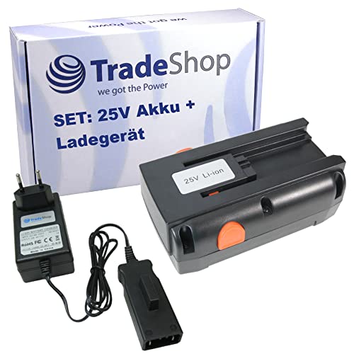 Trade-Shop 2in1 Set: Li-Ion Akku 25V / 4000mAh + Ladegerät inkl. Netzteil kompatibel mit Gardena 380LI 380C 380EC Spindelmäher von Trade-Shop