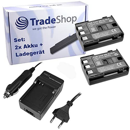 Trade-Shop 3in1 Set: 2X Li-Ion Akku 1000mAh + Akku Ladegerät mit KFZ Adapter kompatibel mit Canon NB-2LH NB-2L BP-2L5 BP-2L12 BP-2L14 NB-2L18 NB2LH von Trade-Shop