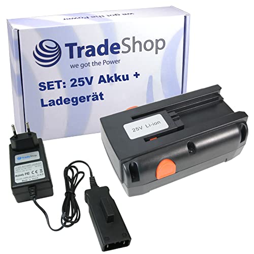 Trade-Shop Akku Schnell-Ladegerät Netzteil + Li-Ion Akku 25V / 4000mAh kompatibel mit Gardena 402520, 901058301, 965863701 ersetzt 4025, 4025-20, 04025-20 von Trade-Shop