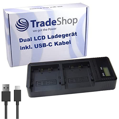 Trade-Shop Dual LCD Ladegerät Ladestation inkl. USB-C-Kabel kompatibel mit JVC GY-HC500 GY-HC500E GY-HC500U GY-HC500SPC GY-HC550 GY-HC550E Camcorder von Trade-Shop