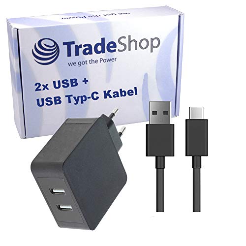 Trade-Shop Dual USB-C 5V 2,4A Schnellladegerät Netzteil Ladekabel Datenkabel USB 3.1 Typ-C Schwarz (2 Anschlüsse) für BQ Aquaris X2 X2 Pro Doogee Mix 2 Caterpillar Cat S61 Cyrus CS 40 von Trade-Shop