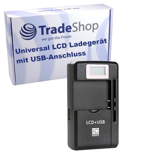 Trade-Shop Universal LCD Ladegerät Ladestation Tischlader für Li-Ion 3,7V Akku bis 6,5cm, verstellbare Ladeschale passend für viele Smartphone Handy Digitalkamera Akkus/mit USB-Anschluss von Trade-Shop