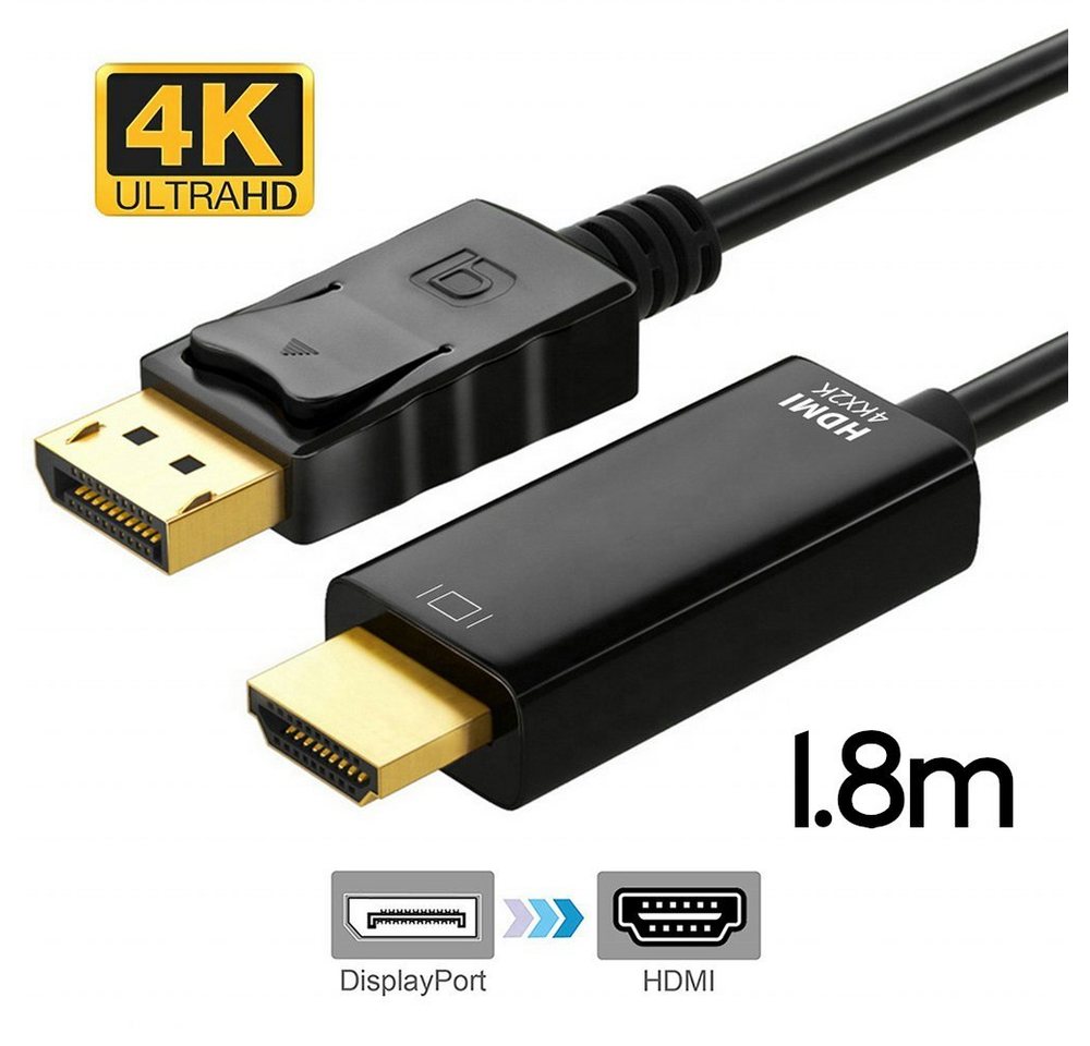 TradeNation DisplayPort DP auf HDMI Adapter Kabel 1.2 HDMI 1.4 Wandler 4K 1,8m HDMI-Kabel, HDMI, DisplayPort (180 cm), 1.8m von TradeNation