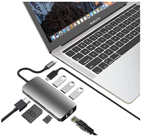 Tradebit - Adapter Hub USB-C mit HDMI 4K Socket, LAN RJ45 Gigabit, PD-Stromversorgung 87W, USB 3.0, Jack 3,5 mm von Tradebit