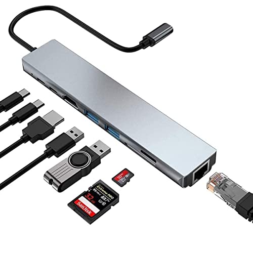 Tradebit - USB-C Hub I Adapter I 8 in 1 I LAN RJ-45 I HDMI 4K I Micro SD Card Reader I 2X USB 3.0 I Power Delivery PD 87W I Kompatibel mit Laptop und PC von Tradebit