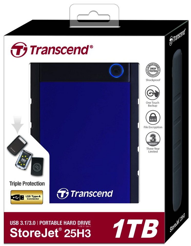 Transcend HDD externe Festplatte StoreJet 25H3 2,5 Zoll 1TB USB 3.1 navy blue externe HDD-Festplatte von Transcend