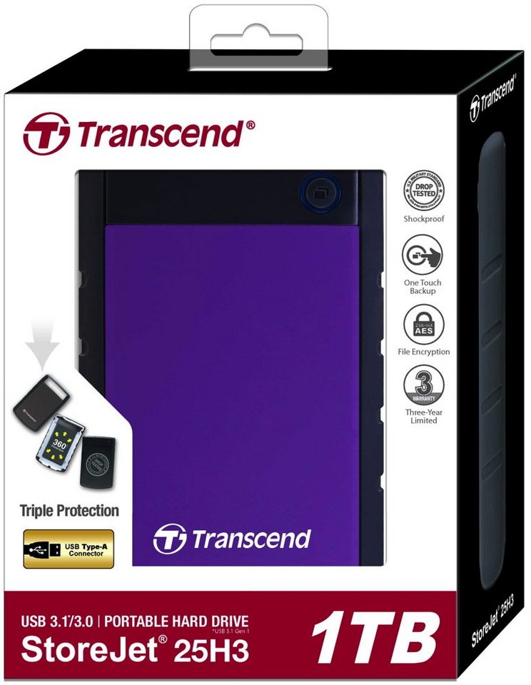 Transcend HDD externe Festplatte StoreJet 25H3 2,5 Zoll 1TB USB 3.1 purple externe HDD-Festplatte von Transcend