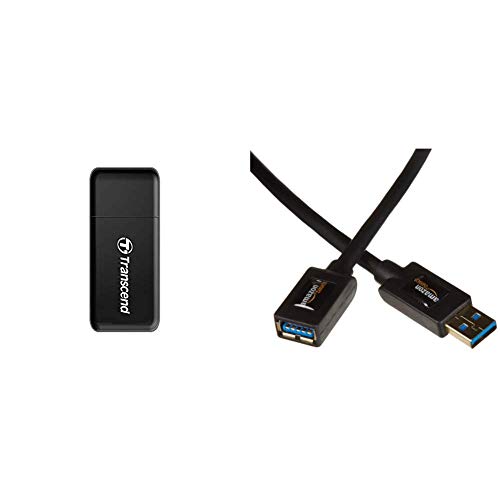 Transcend USB 3.0 / 3.1 Gen 1 Multifunktionskartenleser TS-RDF5K, schwarz & Amazon Basics USB 3.0-Verlängerungskabel A-Stecker auf A-Buchse, 2 m von Transcend