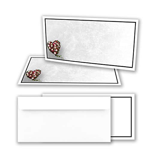 100x Trauerkarten Set mit Umschlag DIN LANG - Motiv schwarzer Trauer-Rahmen mit Blumenherz - Danksagungskarten Trauer Ohne Fenster - würdevolle Beileidskarte von Trauer Papiere by GUSTAV NEUSER