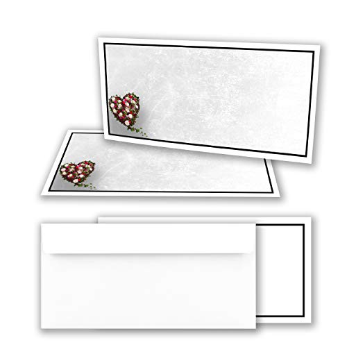 10x Trauerkarten Set mit Umschlag DIN LANG - Motiv schwarzer Trauer-Rahmen mit Blumenherz - Danksagungskarten Trauer Ohne Fenster - würdevolle Beileidskarte von Trauer Papiere by GUSTAV NEUSER