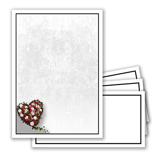 15 x Set Trauerpapier DIN A4 + Trauerumschläge DIN Lang - Motiv schwarzer Trauer-Rahmen mit Blumenherz - 22 x 11 cm - bedruckbar - Kondolenz Set für Danksagung Trauer von Trauer Papiere by GUSTAV NEUSER