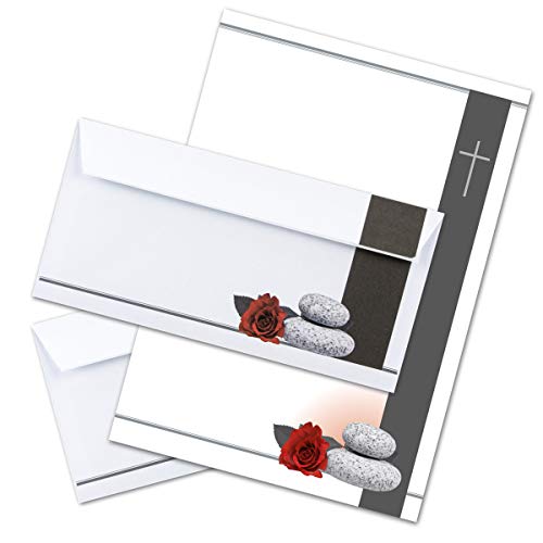 25 x Set Trauerpapier DIN A4 + Trauerumschläge DIN Lang - Motiv Rose Stein Trauerkreuz - 22 x 11 cm - bedruckbar - Kondolenz Set für Danksagung Trauer von Trauer Papiere by GUSTAV NEUSER