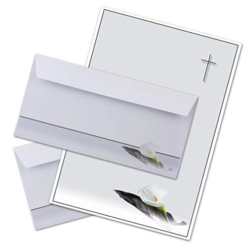 25 x Set Trauerpapier DIN A4 + Trauerumschläge DIN Lang - Motiv Trauerblume mit Blatt - 22 x 11 cm - bedruckbar - Kondolenz Set für Danksagung Trauer von Trauer Papiere by GUSTAV NEUSER