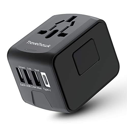 TravelHawk Reiseadapter Weltweit, Steckdosenadapter, 20W Typ G, Typ A USB-C und 3 USB, Reisestecker, Schnellladegerät, Universal Adapter für Deutschland USA Japan England Thailand Italien Australien von TravelHawk