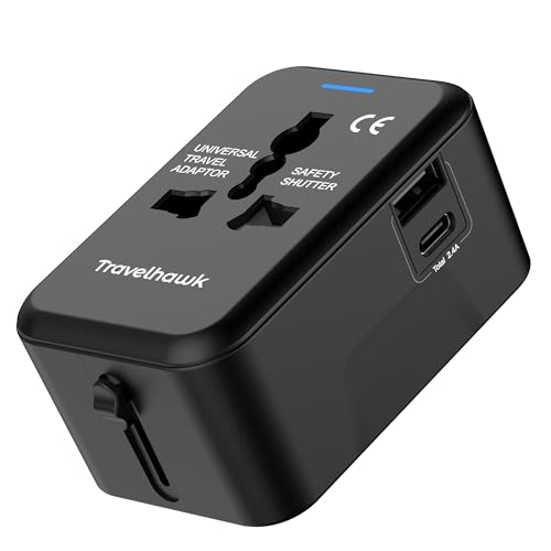 TravelHawk Reiseadapter Weltweit, Steckdosenadapter, 20W Typ G, Typ A USB-C und USB, Reisestecker, Schnellladegerät, Universal Adapter für Deutschland USA Japan England Thailand Italien Australien von TravelHawk