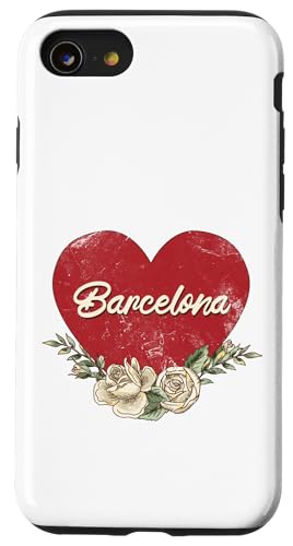 Barcelona Spanien Stadt Vintage Reise Urlaub Herz Rosen Hülle für iPhone SE (2020) / 7 / 8 von Traveling World Cities Retro Lover Valentine Gifts