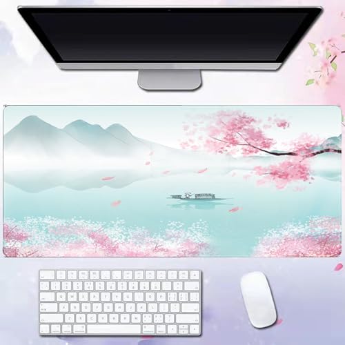 Treer Bunte Sakura Extragroß Mousepad, Mauspad L/XL/XXL mit Vernähte Kanten, Gaming Mauspad, rutschfeste Gummibasis Mousepad Gaming, Mauspad Groß für Büro und Zuhause (Hellgrün,900x400x3mm) von Treer