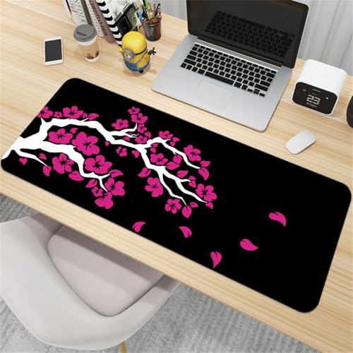 Treer Bunte Sakura Mousepad, Mauspad L/XL/XXL mit Vernähte Kanten, Gaming Mauspad, rutschfeste Gummibasis Mousepad Gaming, Mauspad Groß für Büro und Zuhause (Rosa Rot,900x400mm) von Treer