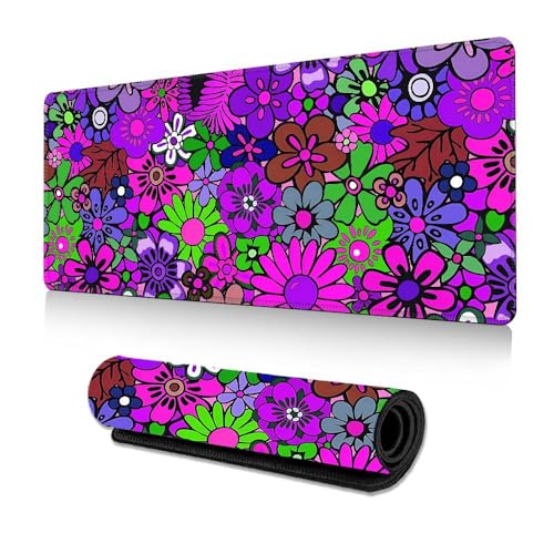 Treer Farbenfrohe Blumen Drucken Mousepad, Gaming Mauspad mit Vernähte Kanten, Mauspad L/XL/XXL, rutschfeste Gummibasis Mousepad Gaming, Mauspad Groß (600x300mm,Bunt) von Treer