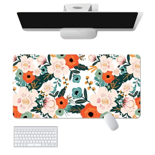 Treer Gaming Mauspad, Mousepad mit Vernähte Kanten, Mauspad L/XL/XXL, rutschfeste Gummibasis Mousepad Gaming, Einfacher Modestil Mauspad Groß (900 * 400 * 3mm,Orangene Blume) von Treer