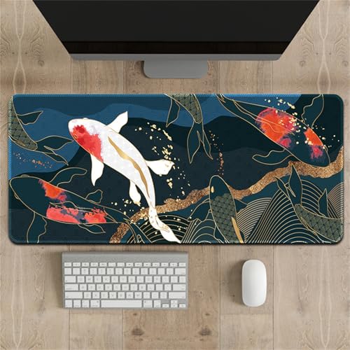 Treer Gaming Mauspad XXL/XL, Groß Schreibtischunterlage Großes Mousepad Gaming PC Schreibtisch Matte Desk Mat Vernähte Kanten für Büro, Tastatur, Laptop (Goldfisch,300 * 600 * 3mm) von Treer