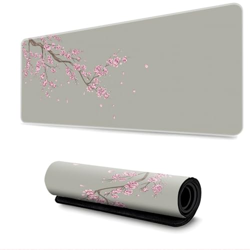 Treer Japanischer Sakura Muster Gaming Mauspad, Mousepad mit Vernähte Kanten, Mauspad L/XL/XXL, rutschfeste Gummibasis Mousepad Gaming, Mauspad Groß (Beige,900 * 400 * 3mm) von Treer