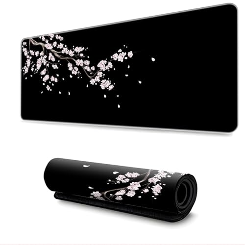 Treer Japanischer Sakura Muster Gaming Mauspad, Mousepad mit Vernähte Kanten, Mauspad L/XL/XXL, rutschfeste Gummibasis Mousepad Gaming, Mauspad Groß (Schwarz B,900 * 400 * 3mm) von Treer