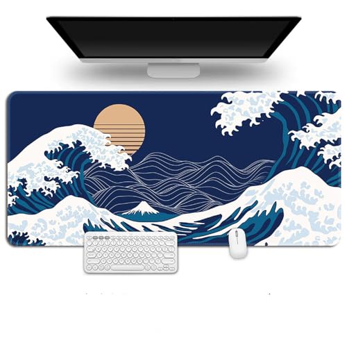 Treer Mauspad XXL/XL/L, Japanischer Wellendruck Gaming Mauspad, Mousepad mit Vernähte Kanten, rutschfeste Gummibasis Mousepad Gaming, Mauspad Groß für Büro und Zuhause (Marineblau,700x300x3mm) von Treer