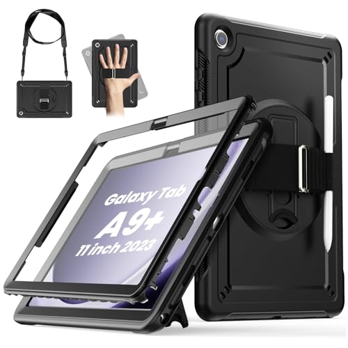 Samsung Galaxy Tab A9+ Plus Hülle 11 Zoll 2023 (SM-X210/X216/X218), TrendGate Stoßfeste Robust Hülle mit Displayschutz, 360° Drehbarem Ständer/Handschlaufe, Schultergurt, für Galaxy Tab A9+, Schwarz von TrendGate